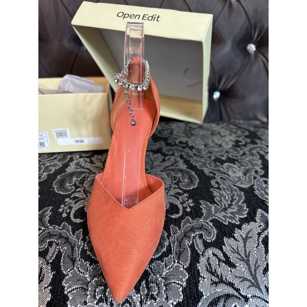 Open Edit Heels 9.5 Orange Cherry Pointed Toe Pump Rhinestone Ankle Chain NIB - Picture 7 of 13